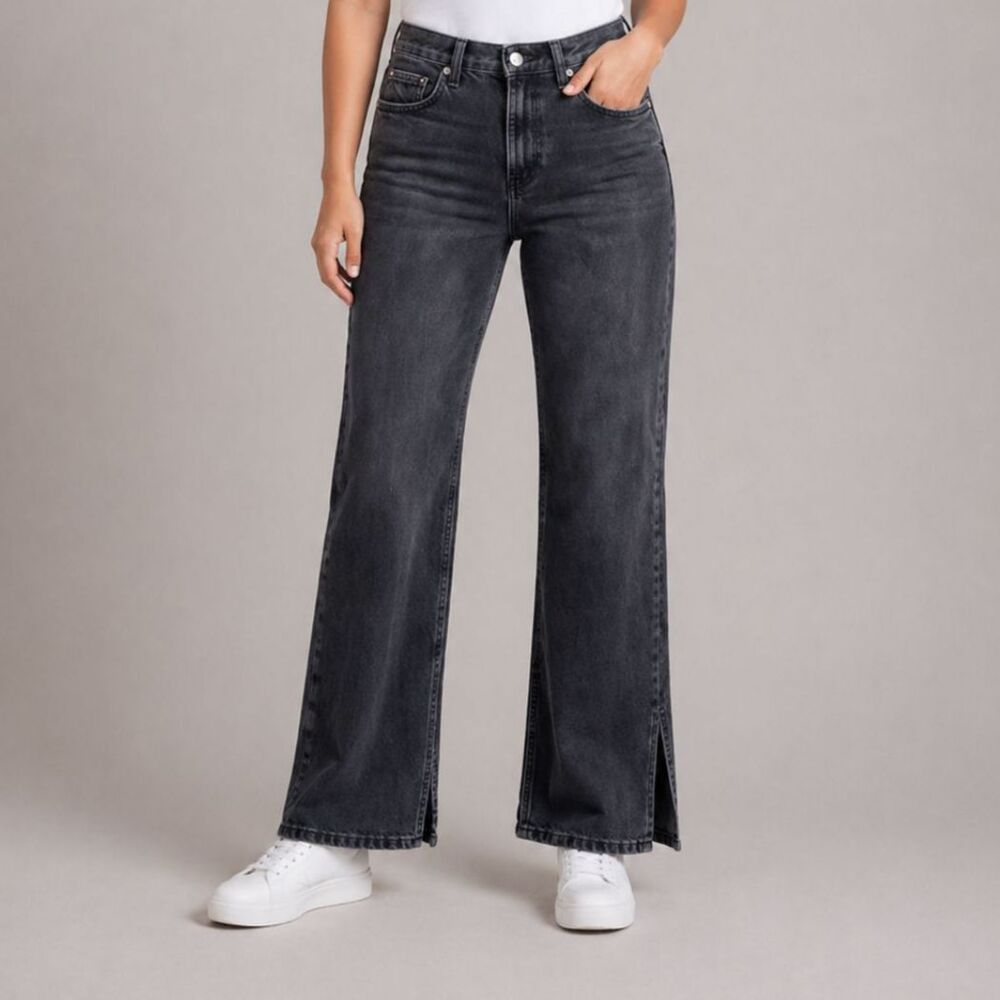 Zara Wide Leg Split High Rise Rigid Full Length Jeans Black Washed 0